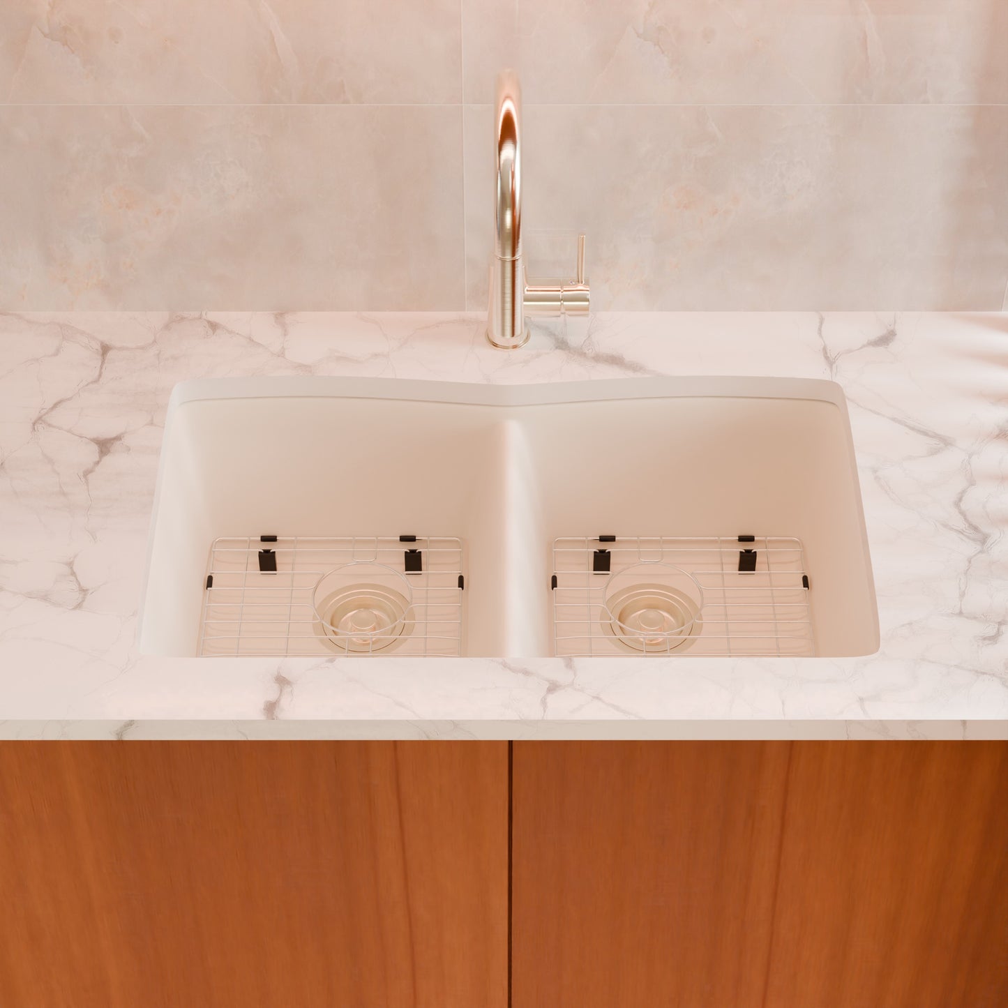 Double Bowl Undermount Granite Composite Sink in Striking White - NKGC-5050UND-WHI