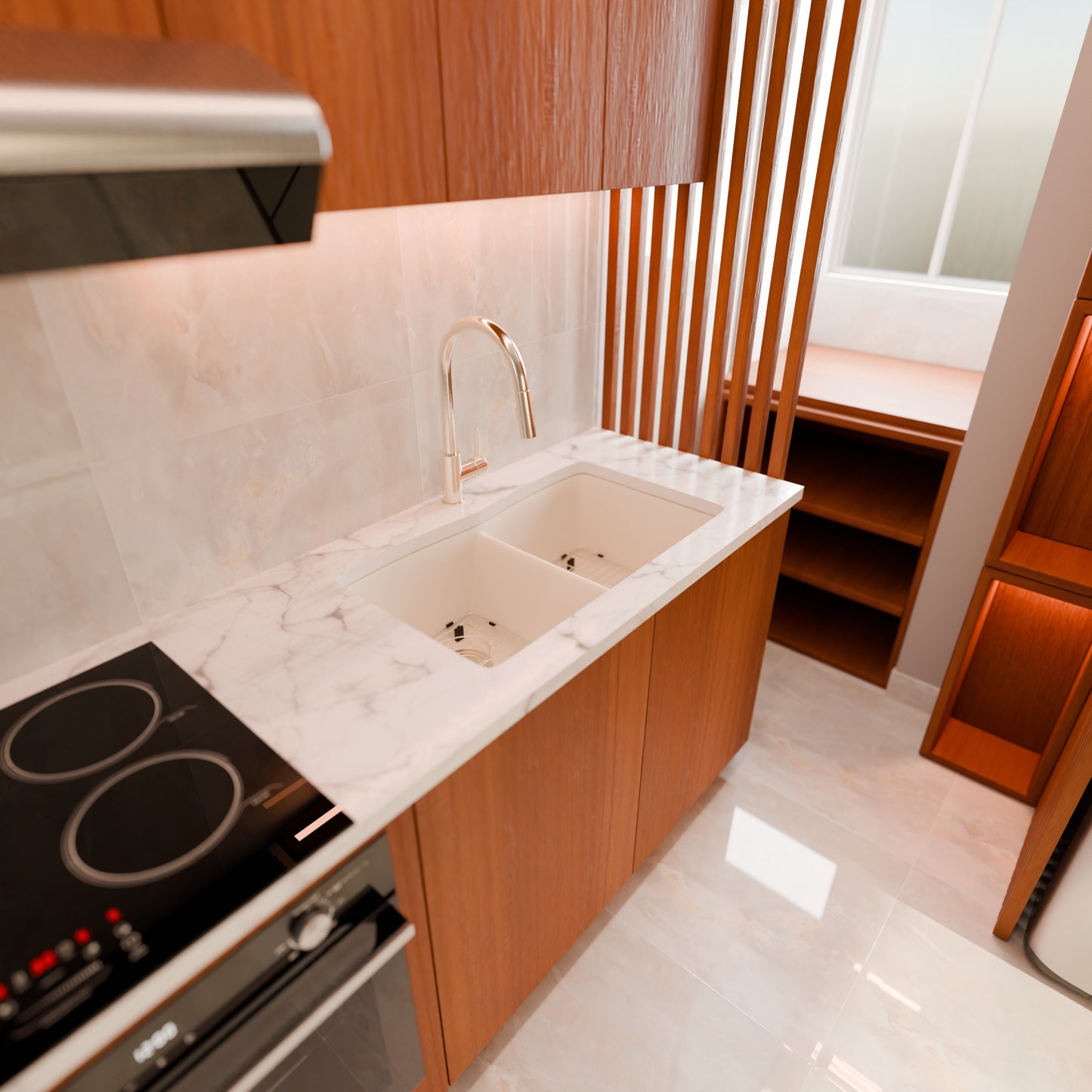 Double Bowl Undermount Granite Composite Sink in Striking White - NKGC-5050UND-WHI