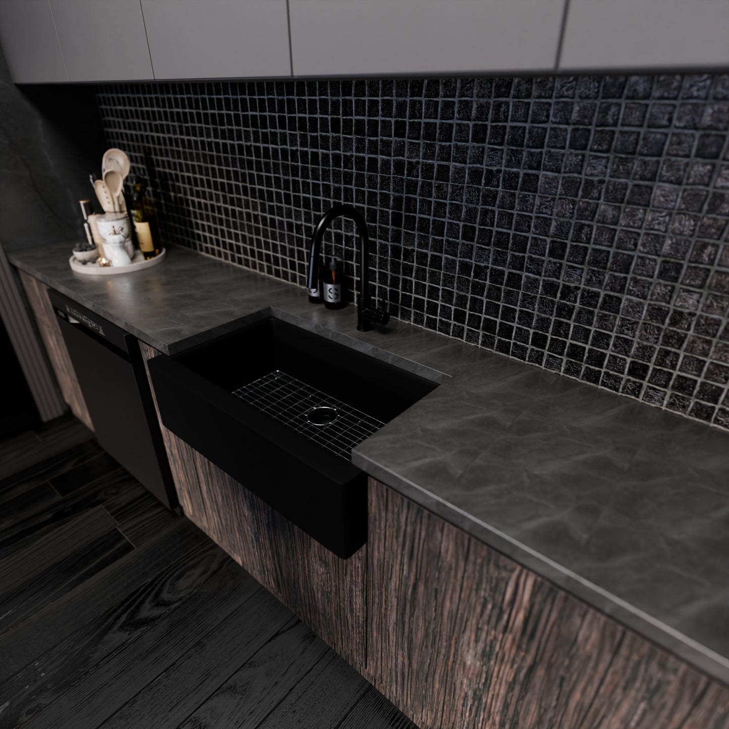 Single Bowl Farmhouse Granite Composite Sink in Absolute Black - NKGC-SBFARM-AB