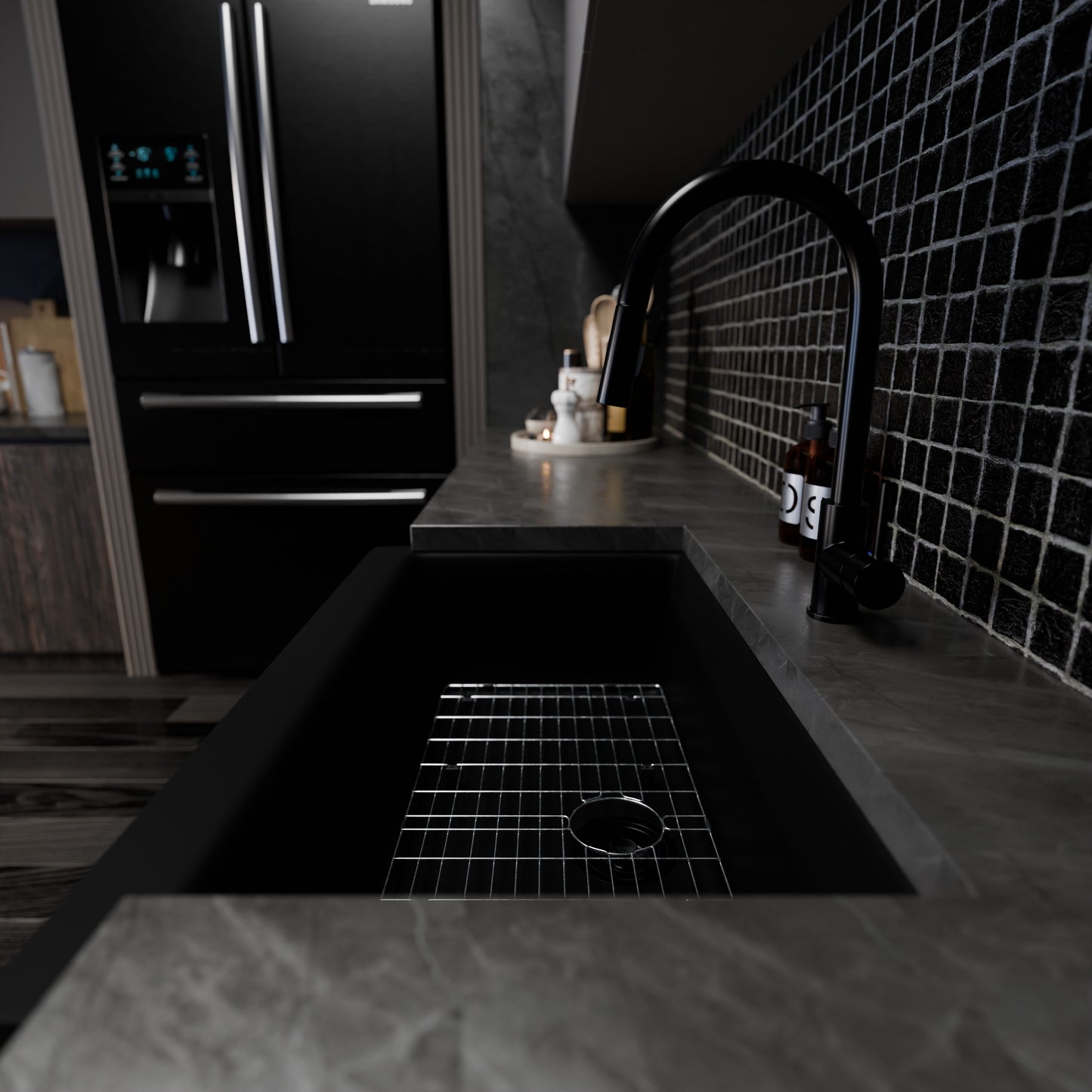 Single Bowl Farmhouse Granite Composite Sink in Absolute Black - NKGC-SBFARM-AB