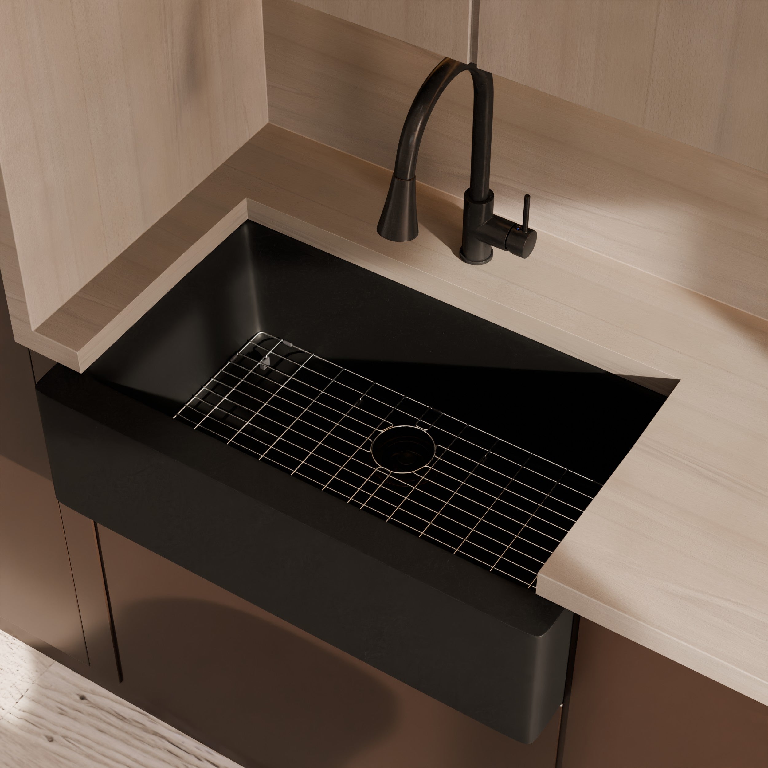Single Bowl Farmhouse Granite Composite Sink in Absolute Black