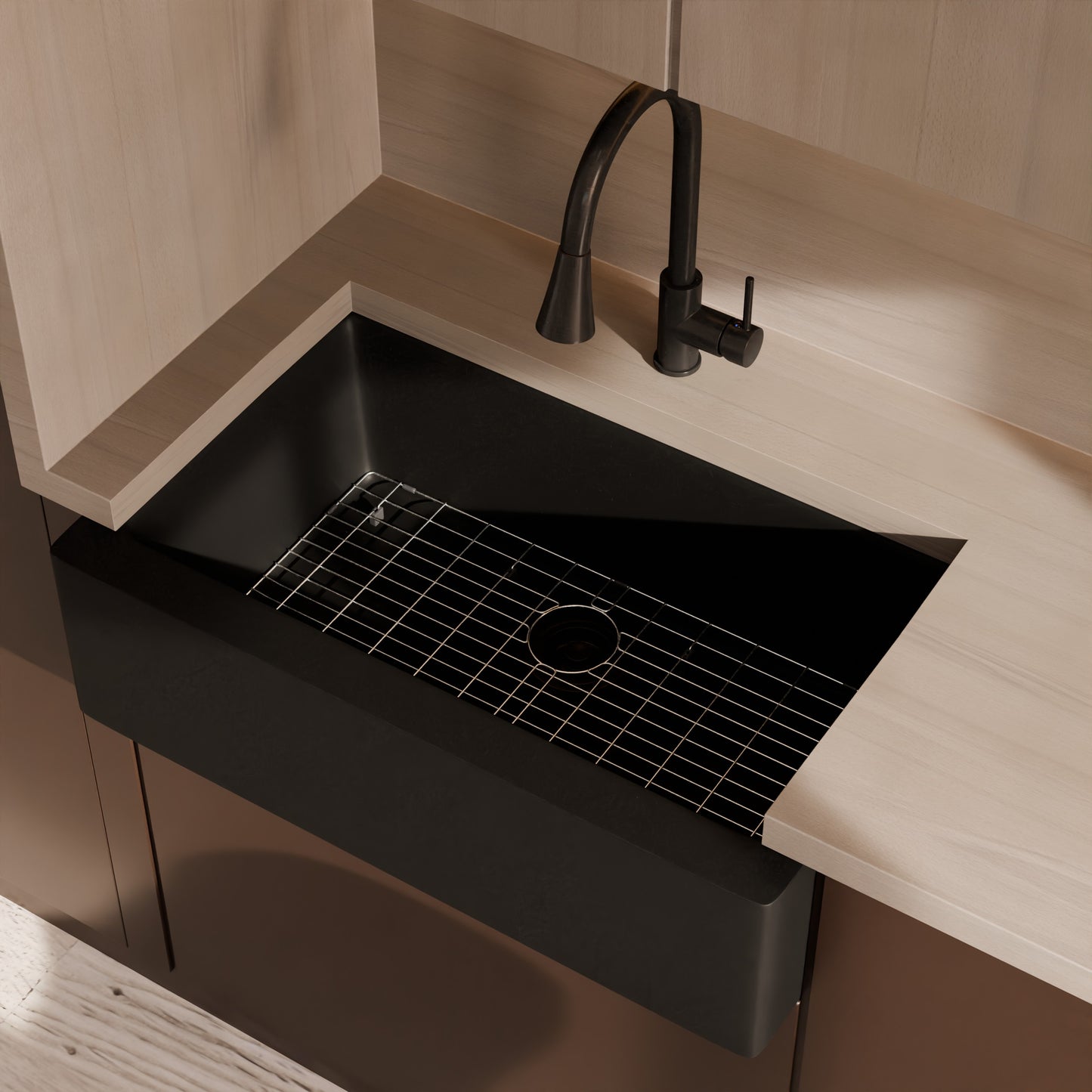 Single Bowl Farmhouse Granite Composite Sink in Absolute Black - NKGC-SBFARM-AB