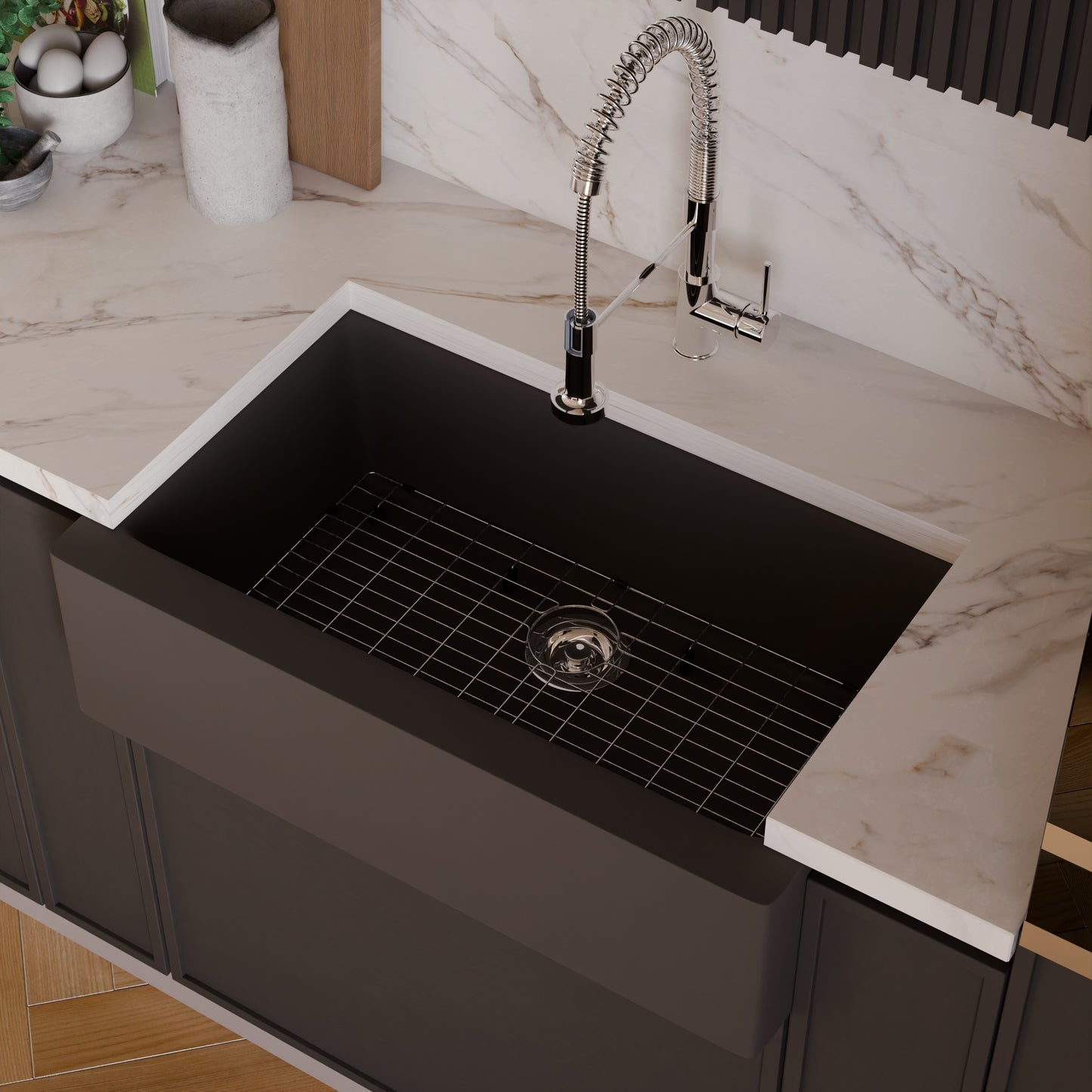 Single Bowl Farmhouse Granite Composite Sink in Ash - NKGC-SBFARM-AS