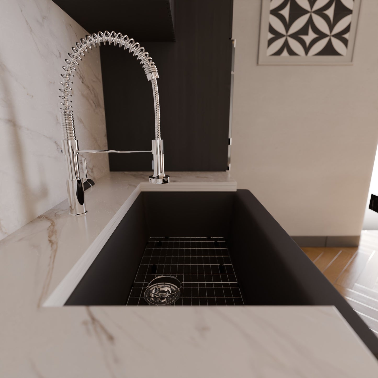 Single Bowl Farmhouse Granite Composite Sink in Ash - NKGC-SBFARM-AS