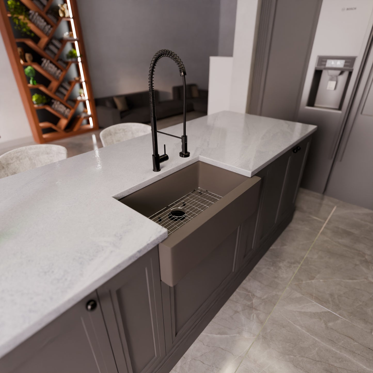 Single Bowl Farmhouse Granite Composite Sink in Ash - NKGC-SBFARM-AS