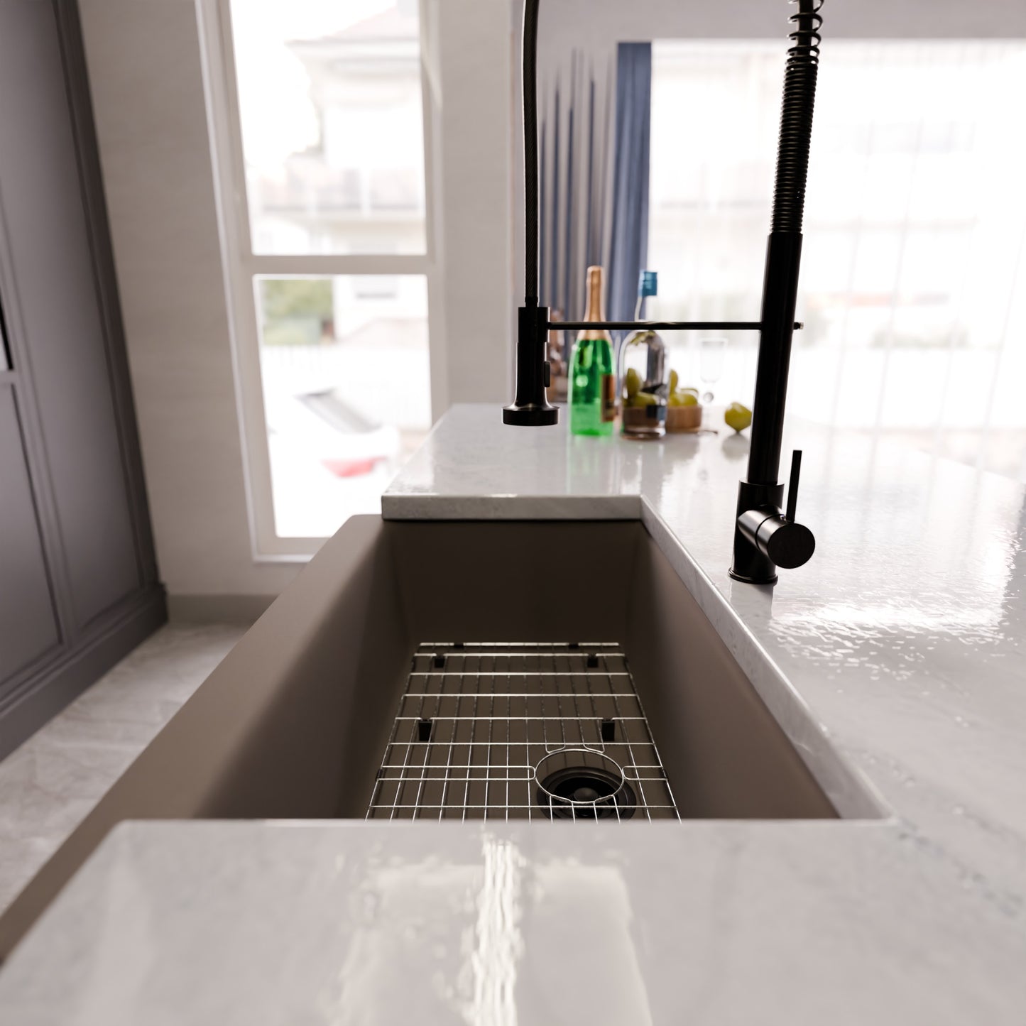 Single Bowl Farmhouse Granite Composite Sink in Ash - NKGC-SBFARM-AS