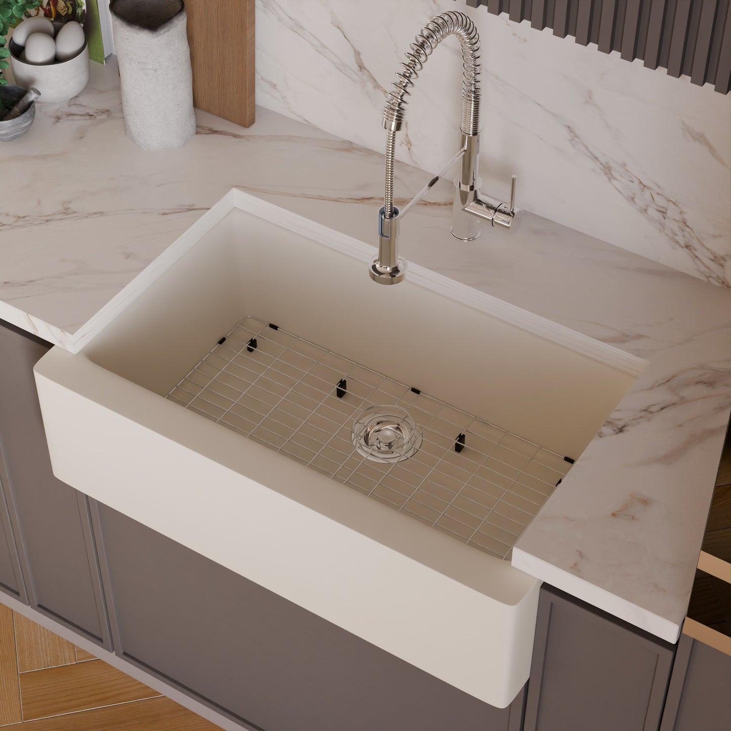 Single Bowl Farmhouse Granite Composite Sink in Striking White - NKGC-SBFARM-WHI