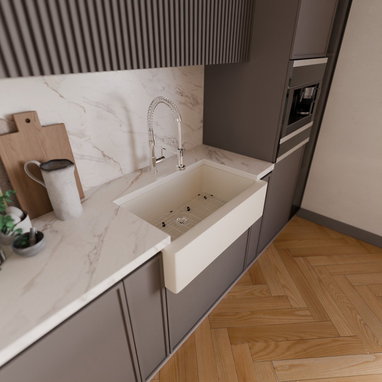 Single Bowl Farmhouse Granite Composite Sink in Striking White - NKGC-SBFARM-WHI