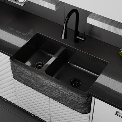 Reversible 60/40 Kitchen Sink in Black Granite with Chiseled or Polish Apron - NKS-DBNAN