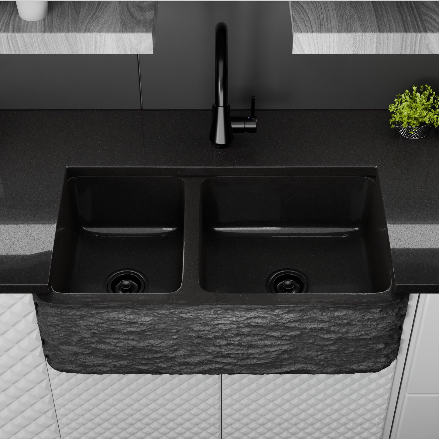 Reversible 60/40 Kitchen Sink in Black Granite with Chiseled or Polish Apron - NKS-DBNAN