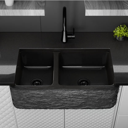 Reversible 60/40 Kitchen Sink in Black Granite with Chiseled or Polish Apron - NKS-DBNAN