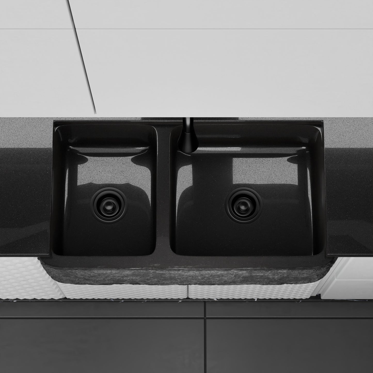 Reversible 60/40 Kitchen Sink in Black Granite with Chiseled or Polish Apron - NKS-DBNAN