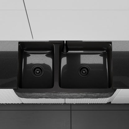 Reversible 60/40 Kitchen Sink in Black Granite with Chiseled or Polish Apron - NKS-DBNAN