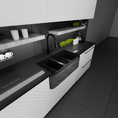 Reversible 60/40 Kitchen Sink in Black Granite with Chiseled or Polish Apron - NKS-DBNAN