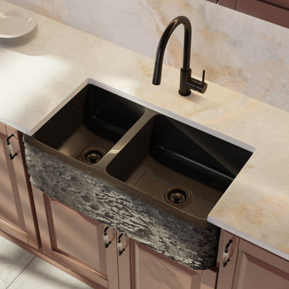 Reversible 60/40 Kitchen Sink in Black Granite with Chiseled or Polish Apron - NKS-DBNAN