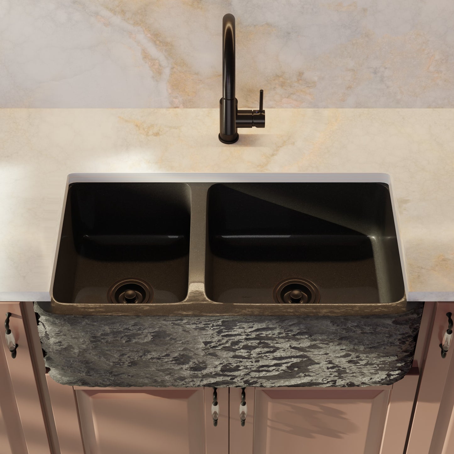 Reversible 60/40 Kitchen Sink in Black Granite with Chiseled or Polish Apron - NKS-DBNAN