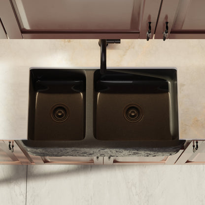 Reversible 60/40 Kitchen Sink in Black Granite with Chiseled or Polish Apron - NKS-DBNAN