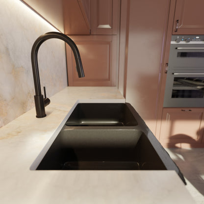 Reversible 60/40 Kitchen Sink in Black Granite with Chiseled or Polish Apron - NKS-DBNAN