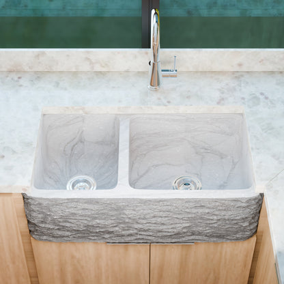 Reversible 60/40 Kitchen Sink in Carrara White Marble w/ Chiseled or Polish Apron - NKS-DBNCW