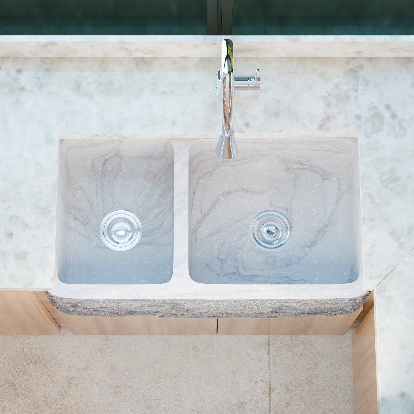 Reversible 60/40 Kitchen Sink in Carrara White Marble w/ Chiseled or Polish Apron - NKS-DBNCW