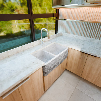Reversible 60/40 Kitchen Sink in Carrara White Marble w/ Chiseled or Polish Apron - NKS-DBNCW