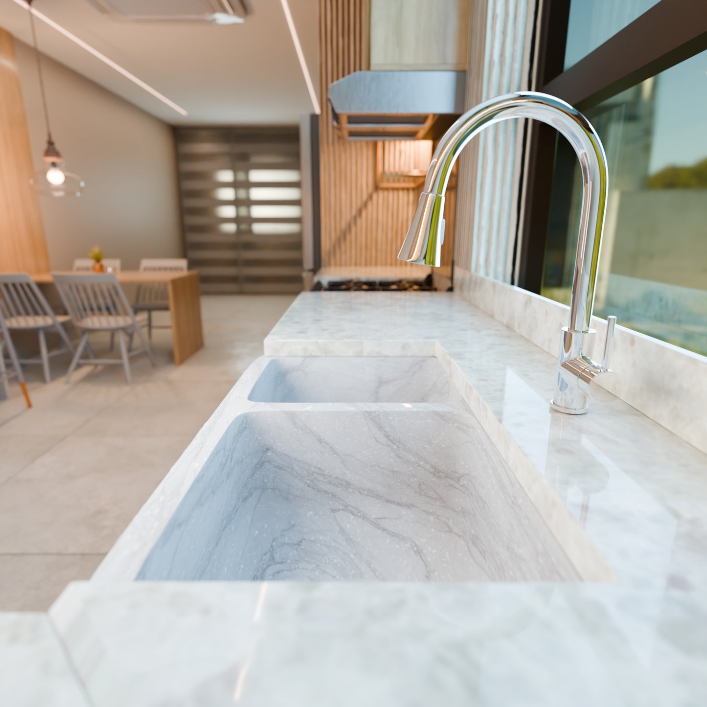 Reversible 60/40 Kitchen Sink in Carrara White Marble w/ Chiseled or Polish Apron - NKS-DBNCW