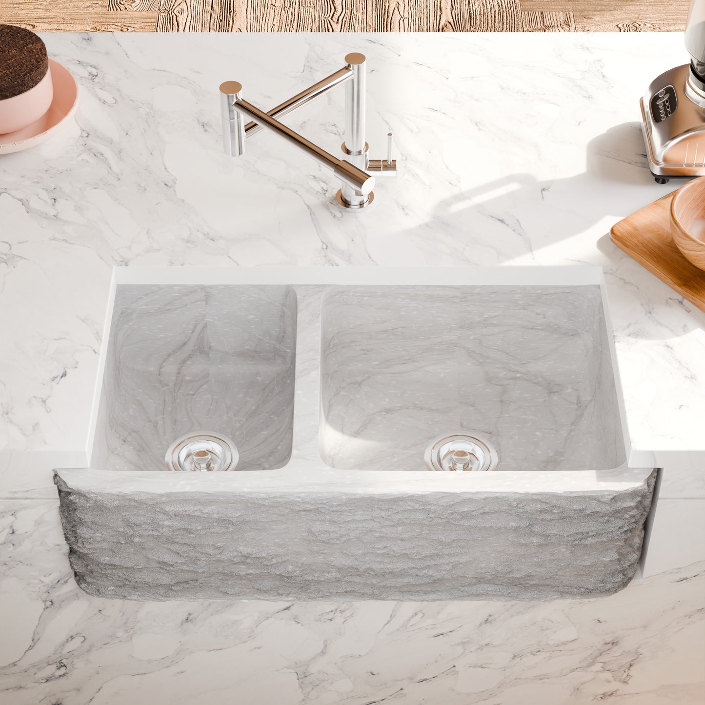 Reversible 60/40 Kitchen Sink in Carrara White Marble w/ Chiseled or Polish Apron - NKS-DBNCW