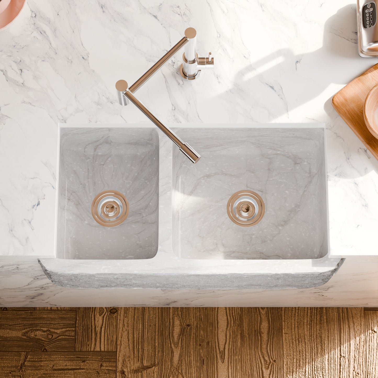 Reversible 60/40 Kitchen Sink in Carrara White Marble w/ Chiseled or Polish Apron - NKS-DBNCW