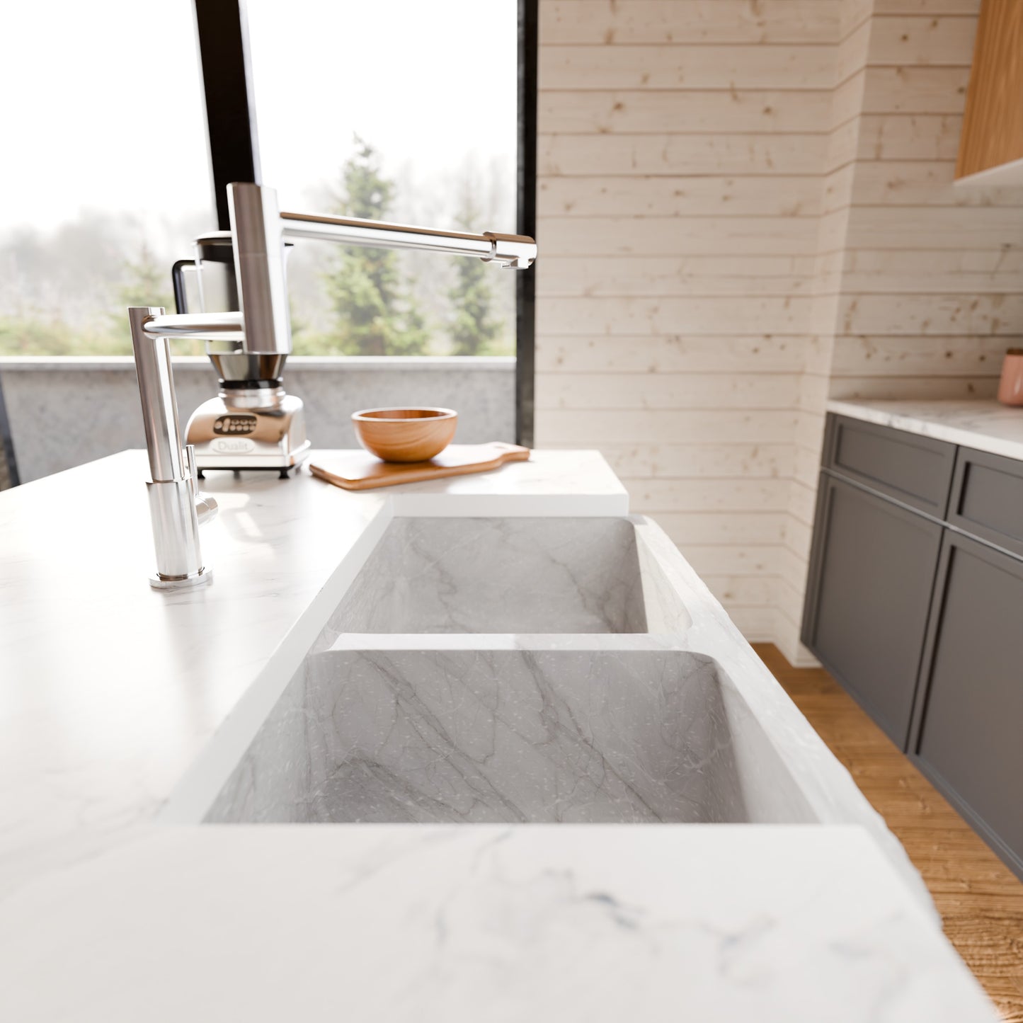 Reversible 60/40 Kitchen Sink in Carrara White Marble w/ Chiseled or Polish Apron - NKS-DBNCW