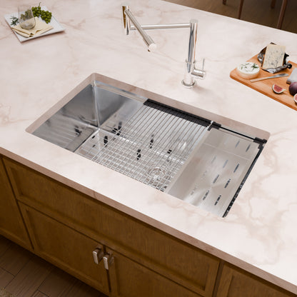 Novatto all-in single bowl stainless steel kitchen sink workstation with accessories, showcasing sleek, durable design and included tools.