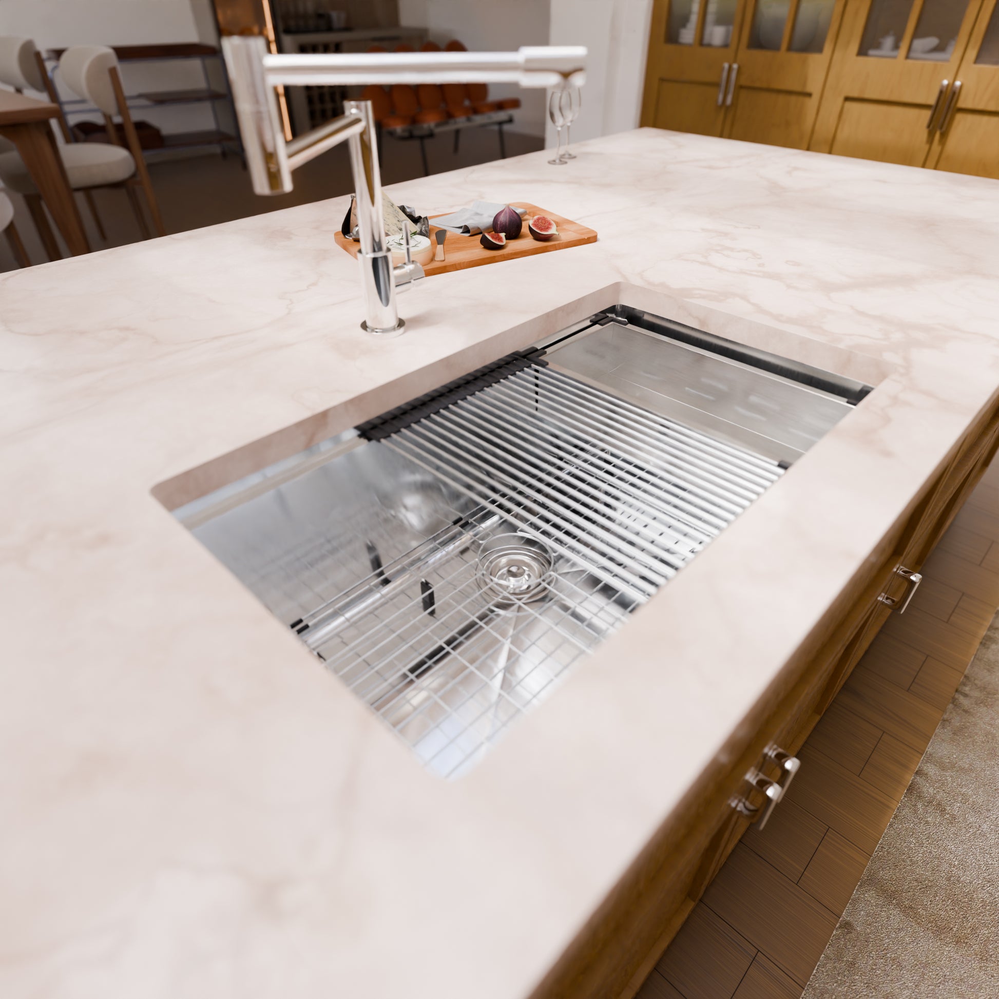 Stainless steel Novatto all-in single bowl kitchen sink with workstation and accessories, showcasing sleek design and durable finish.