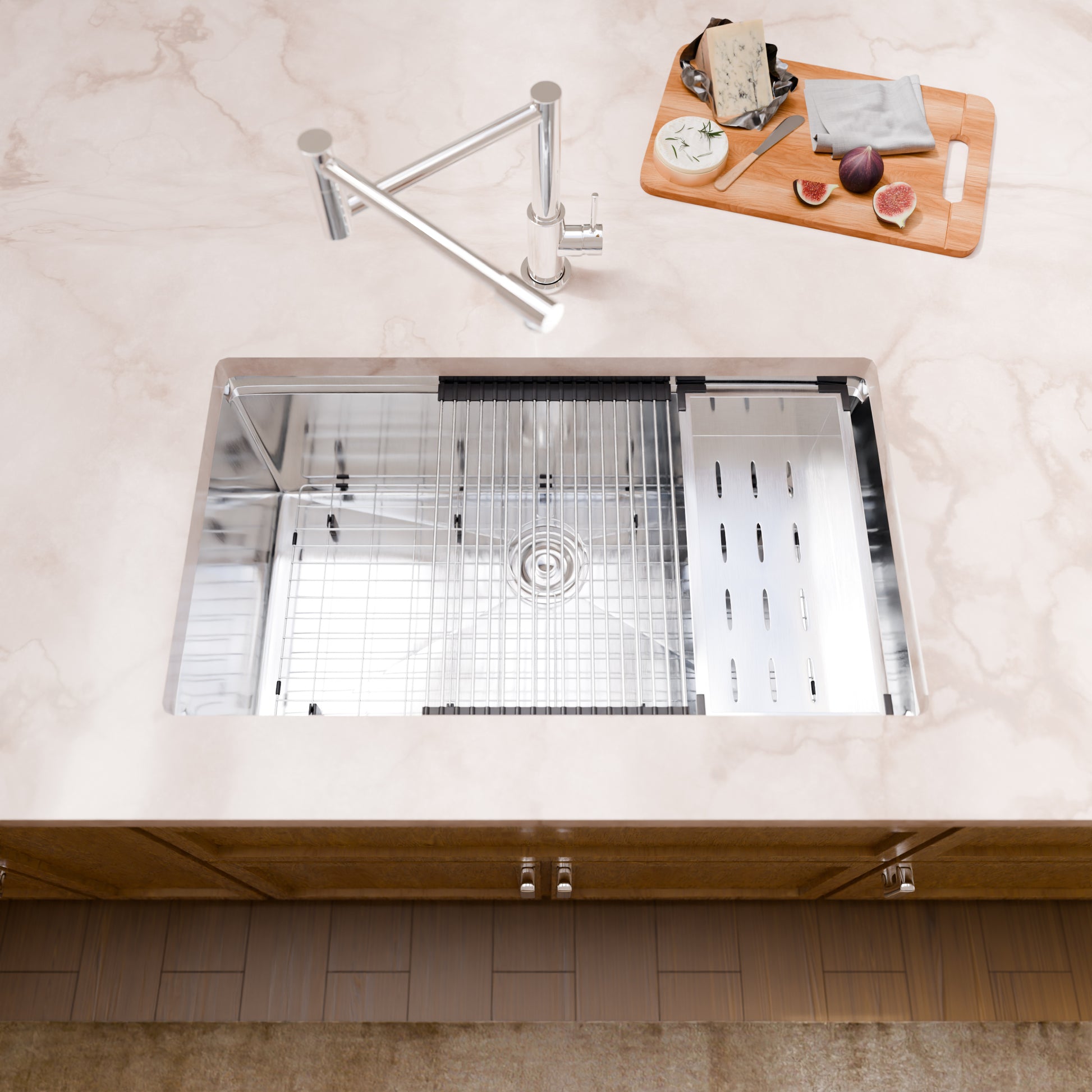 Novatto All-in Single Bowl Stainless Steel Kitchen Sink Workstation with accessories from NKS-SBALLINART04 series.