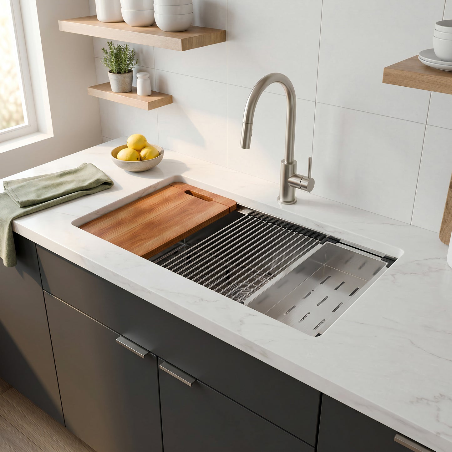 Stainless steel Novatto All-in Single Bowl Kitchen Sink Workstation with accessories from NKS-SBALLINART04 series.