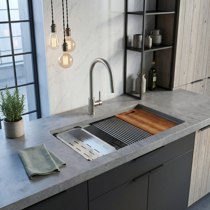 Novatto All-in Single Bowl stainless steel kitchen sink workstation with accessories, sleek design and durable finish.