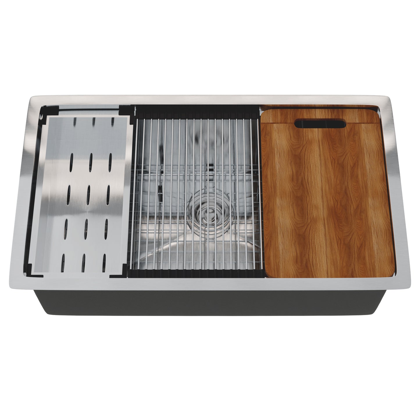 Novatto All-in single bowl stainless steel kitchen sink with workstation and commercial faucet, shown with accessories.