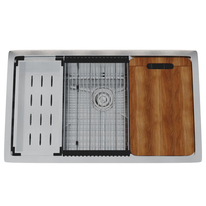 Stainless steel kitchen sink with workstation and commercial faucet from Novatto NKS-SBALLINART04 series, shown with accessories.