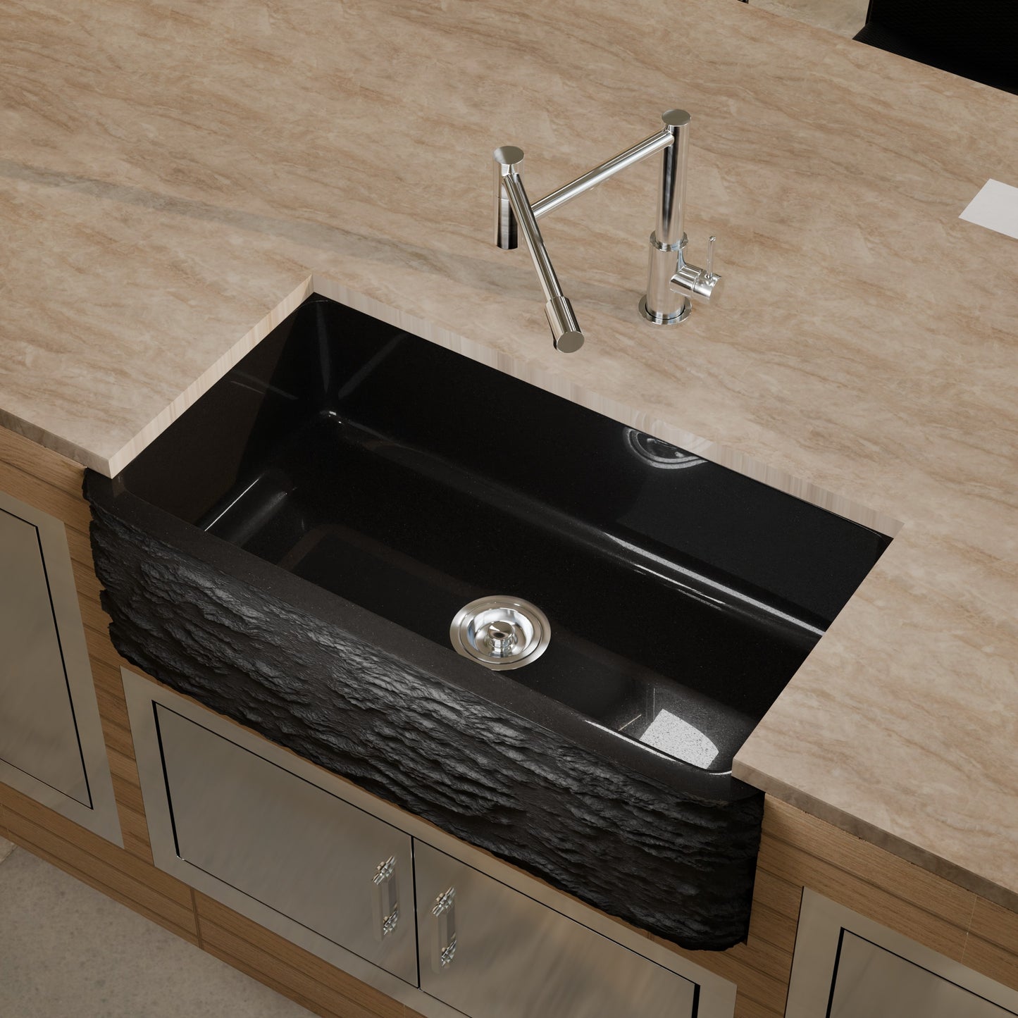 Single Bowl Kitchen Sink in Black Granite with Natural Chiseled Apron - NKS-SBNAN