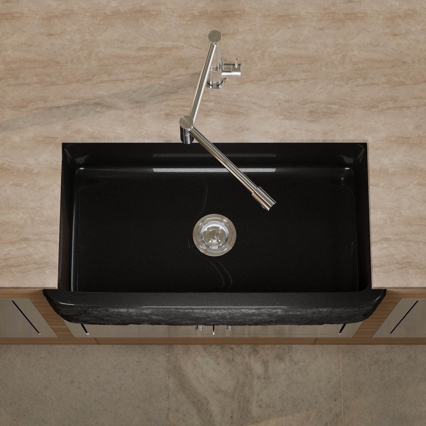 Single Bowl Kitchen Sink in Black Granite with Natural Chiseled Apron - NKS-SBNAN