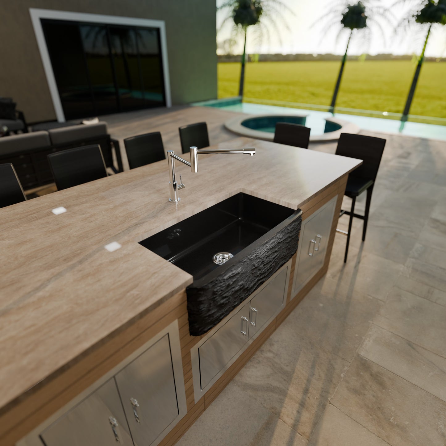 Single Bowl Kitchen Sink in Black Granite with Natural Chiseled Apron - NKS-SBNAN