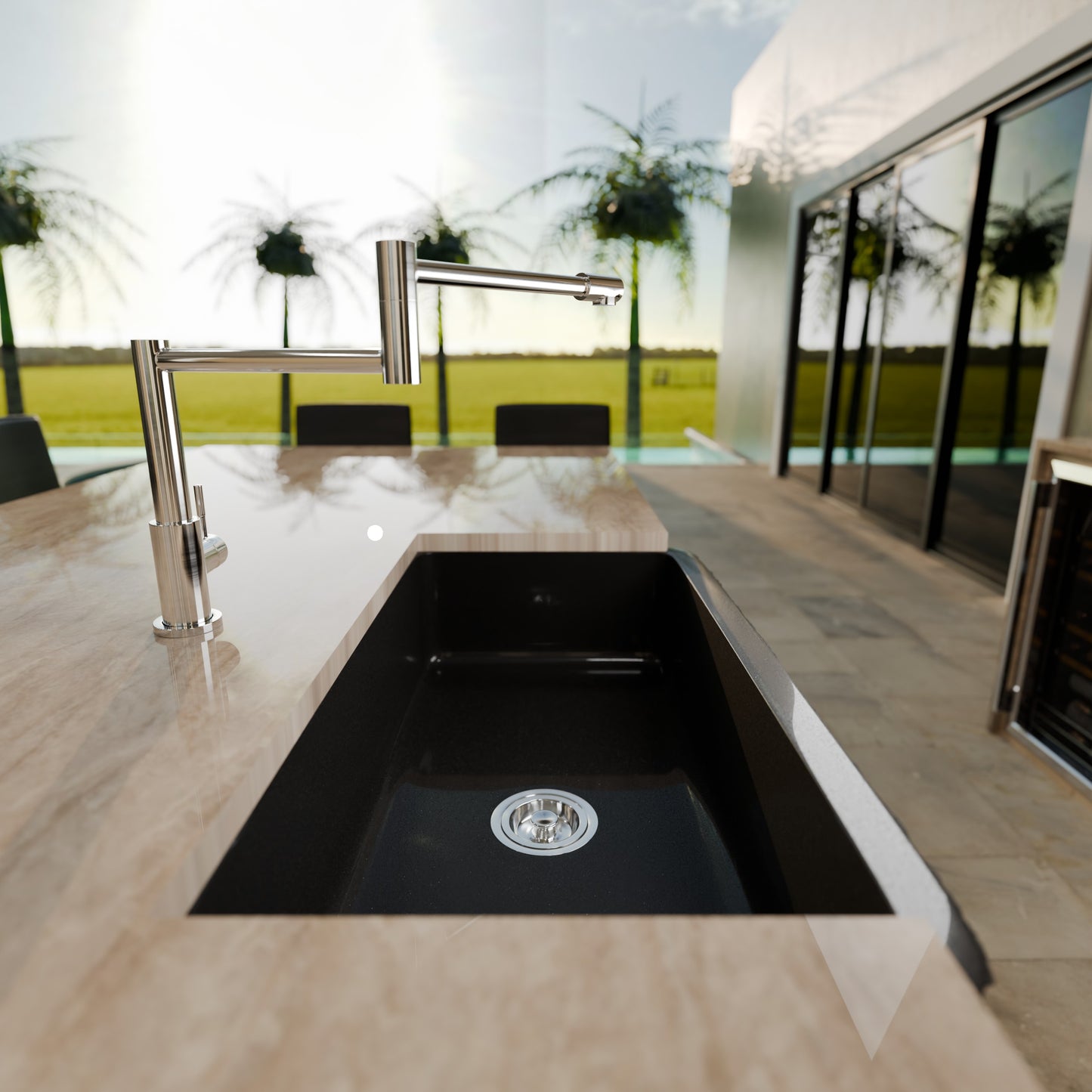 Single Bowl Kitchen Sink in Black Granite with Natural Chiseled Apron - NKS-SBNAN