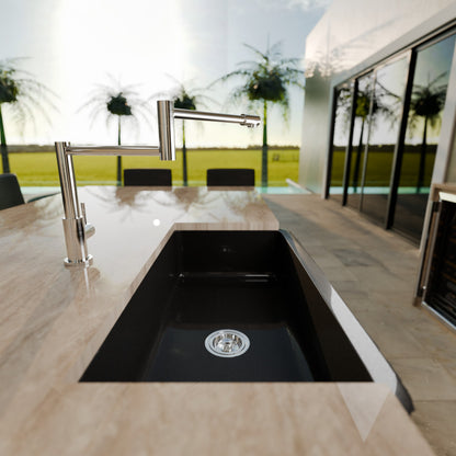 Single Bowl Kitchen Sink in Black Granite with Natural Chiseled Apron - NKS-SBNAN