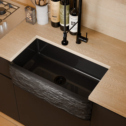 Single Bowl Kitchen Sink in Black Granite with Natural Chiseled Apron - NKS-SBNAN