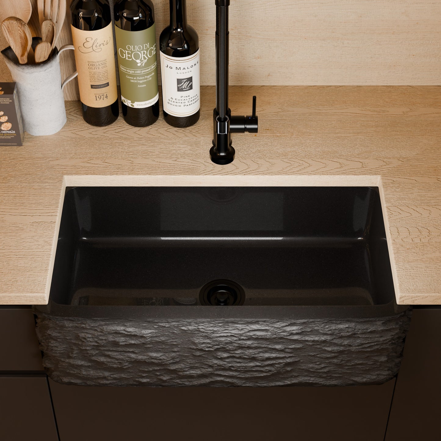 Single Bowl Kitchen Sink in Black Granite with Natural Chiseled Apron - NKS-SBNAN