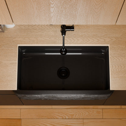 Single Bowl Kitchen Sink in Black Granite with Natural Chiseled Apron - NKS-SBNAN