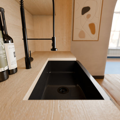 Single Bowl Kitchen Sink in Black Granite with Natural Chiseled Apron - NKS-SBNAN