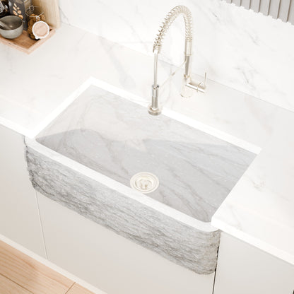 Single Bowl Kitchen Sink in Carrara White Marble with Natural Chiseled Apron - NKS-SBNCW