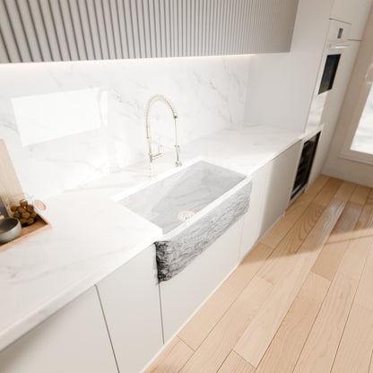 Single Bowl Kitchen Sink in Carrara White Marble with Natural Chiseled Apron - NKS-SBNCW