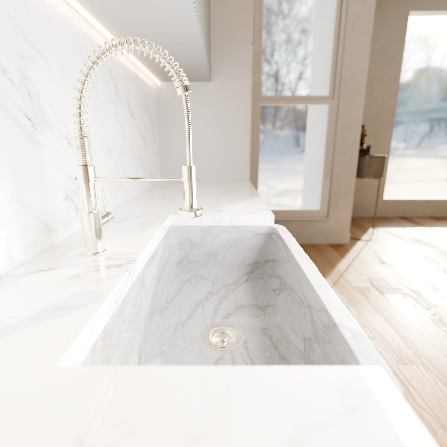 Single Bowl Kitchen Sink in Carrara White Marble with Natural Chiseled Apron - NKS-SBNCW