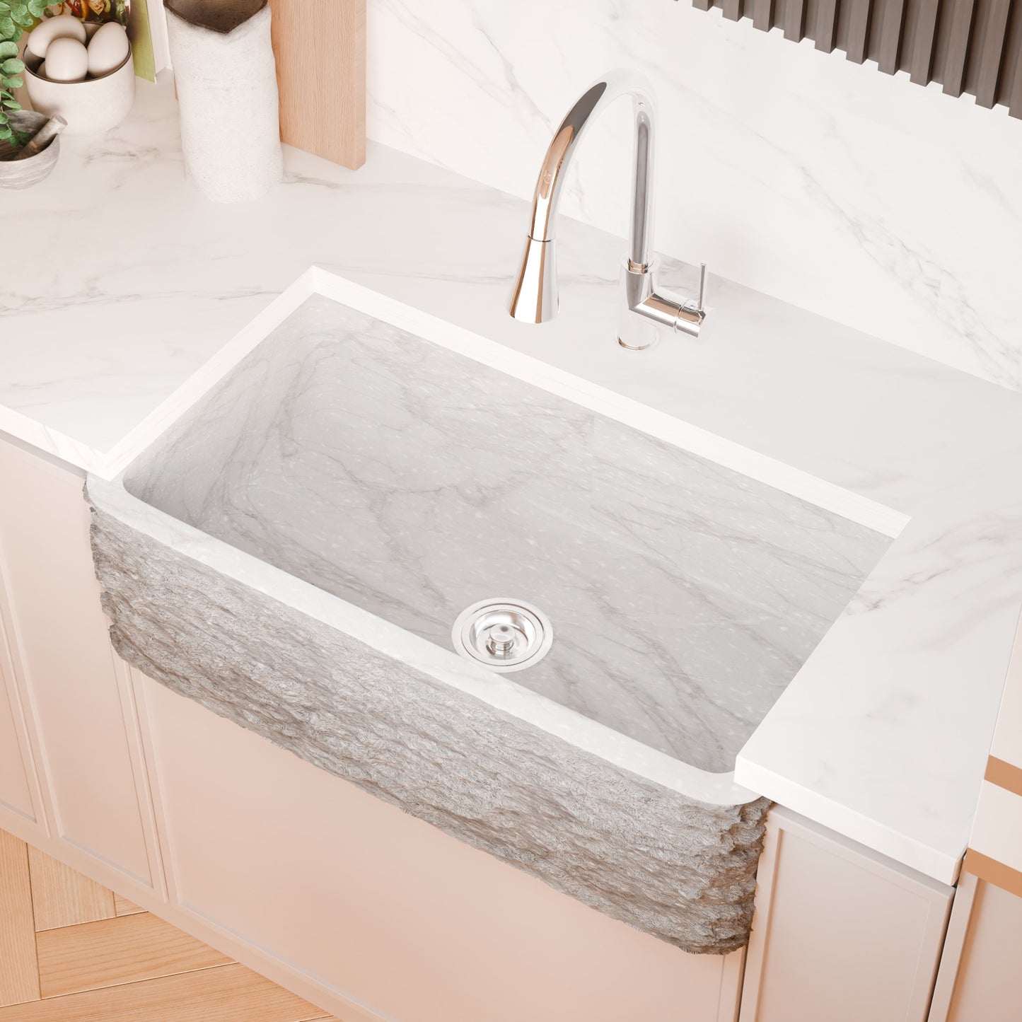 Single Bowl Kitchen Sink in Carrara White Marble with Natural Chiseled Apron - NKS-SBNCW