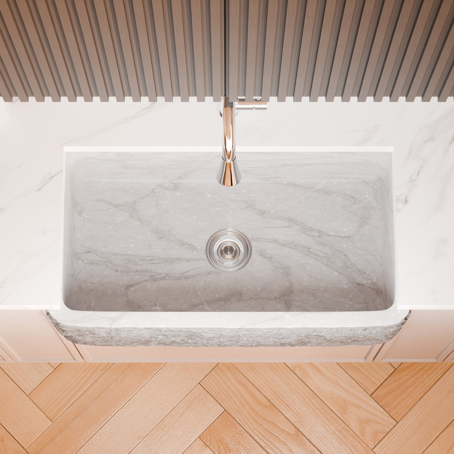 Single Bowl Kitchen Sink in Carrara White Marble with Natural Chiseled Apron - NKS-SBNCW